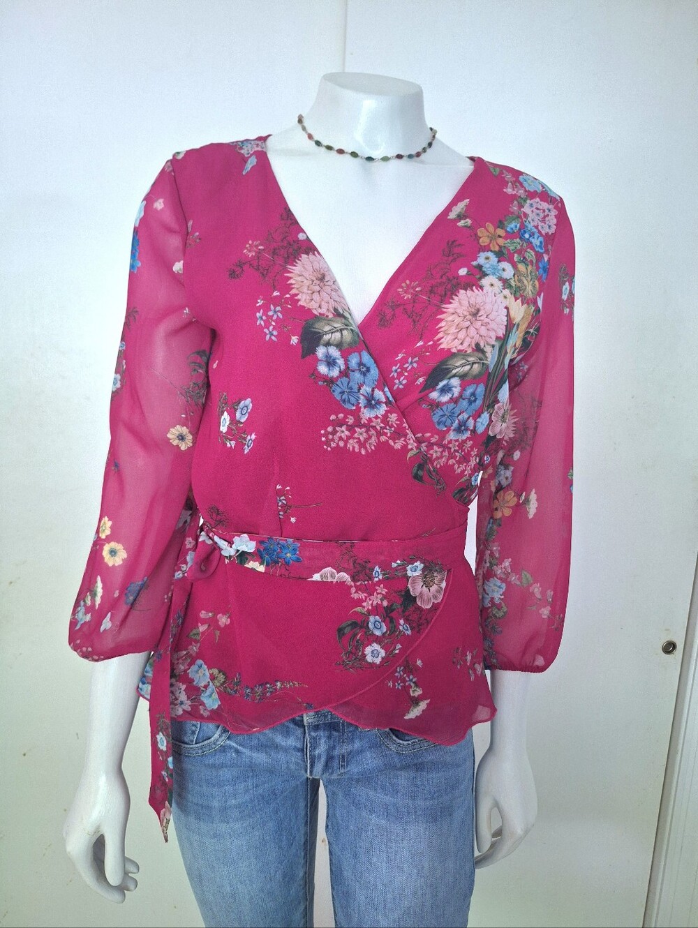 New York & Company Floral Wrap Blouse - Fuchsia